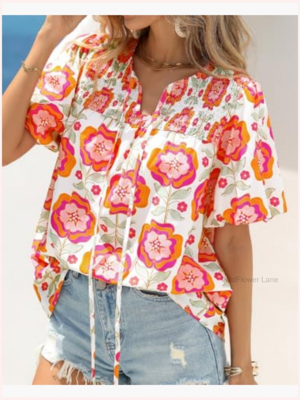 Boho Floral V Neck Blouse Drawstring Short Sleeve Summer Shirt - Picture 4 of 7